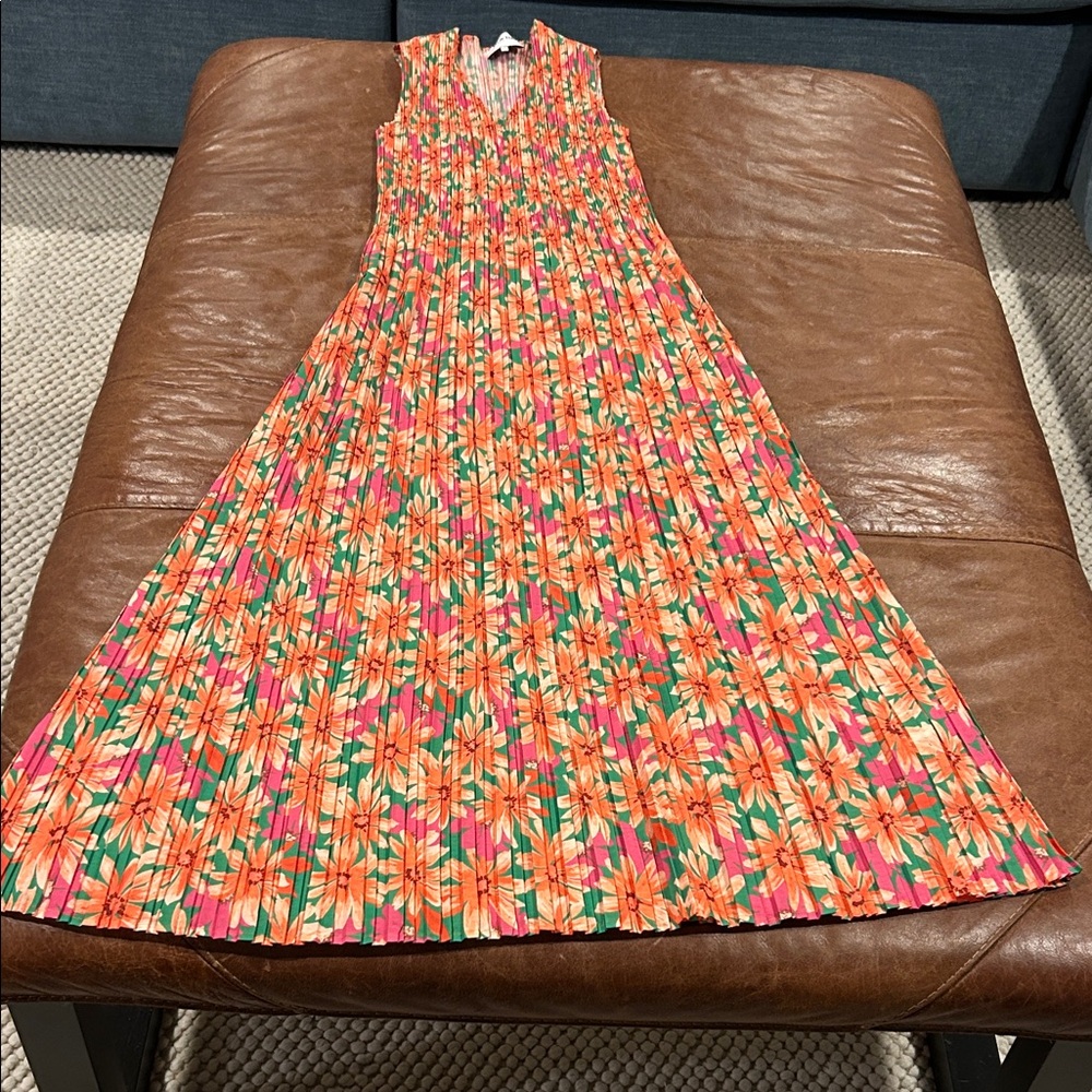 Bright Floral Pleated Midi Dress - Orange & Pink